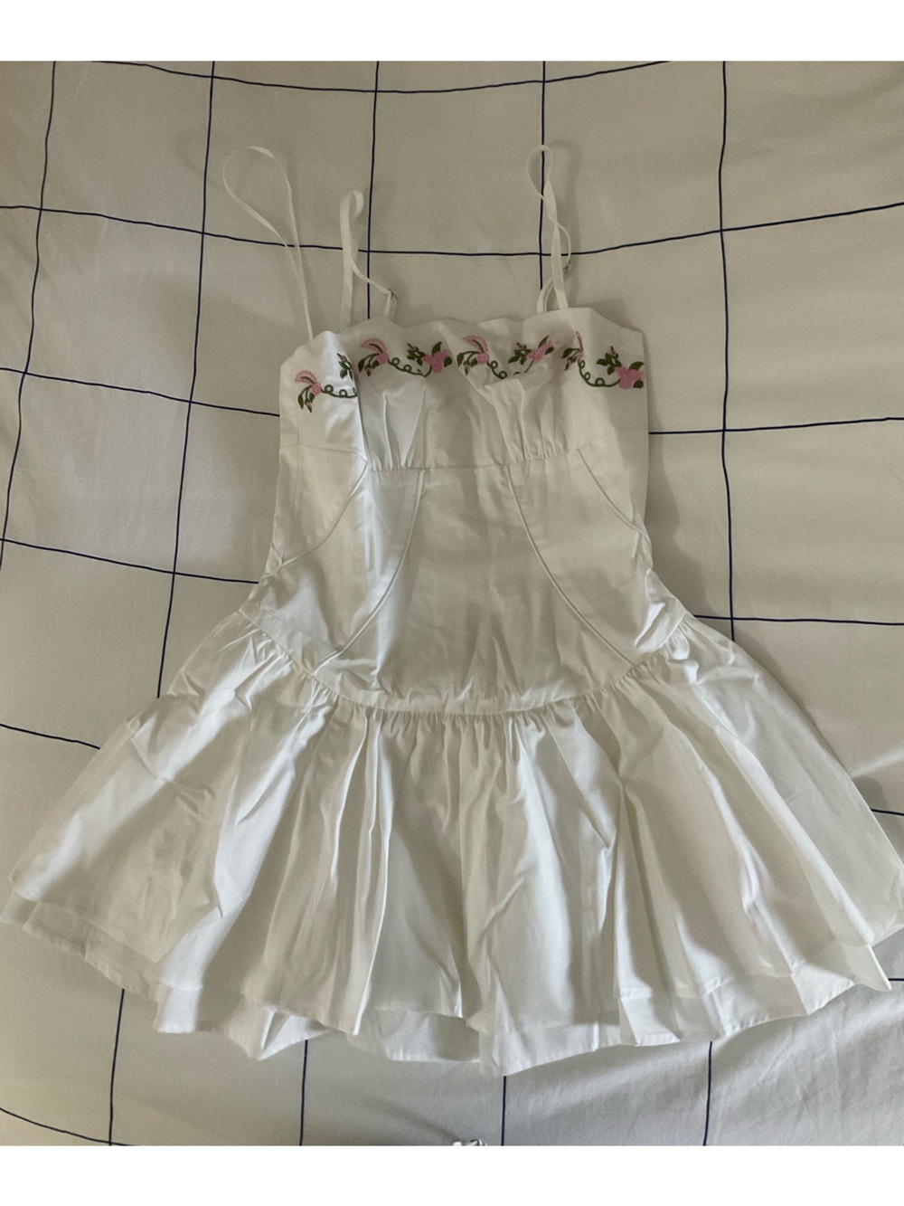 Hello Molly White Sundress with Pink Floral Embroidery